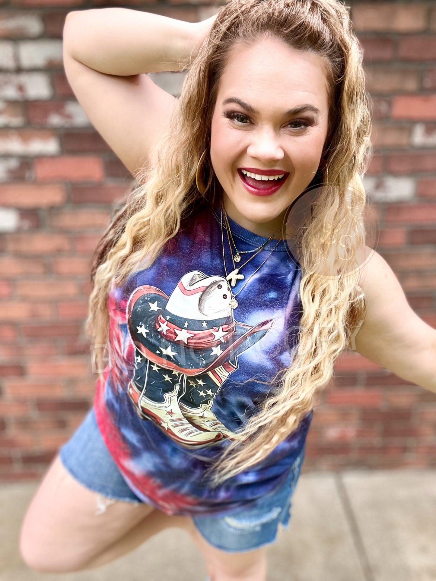 READY TO SHIP: Small & Medium - Red White And Boots - Ice Dyed Rocker Tank