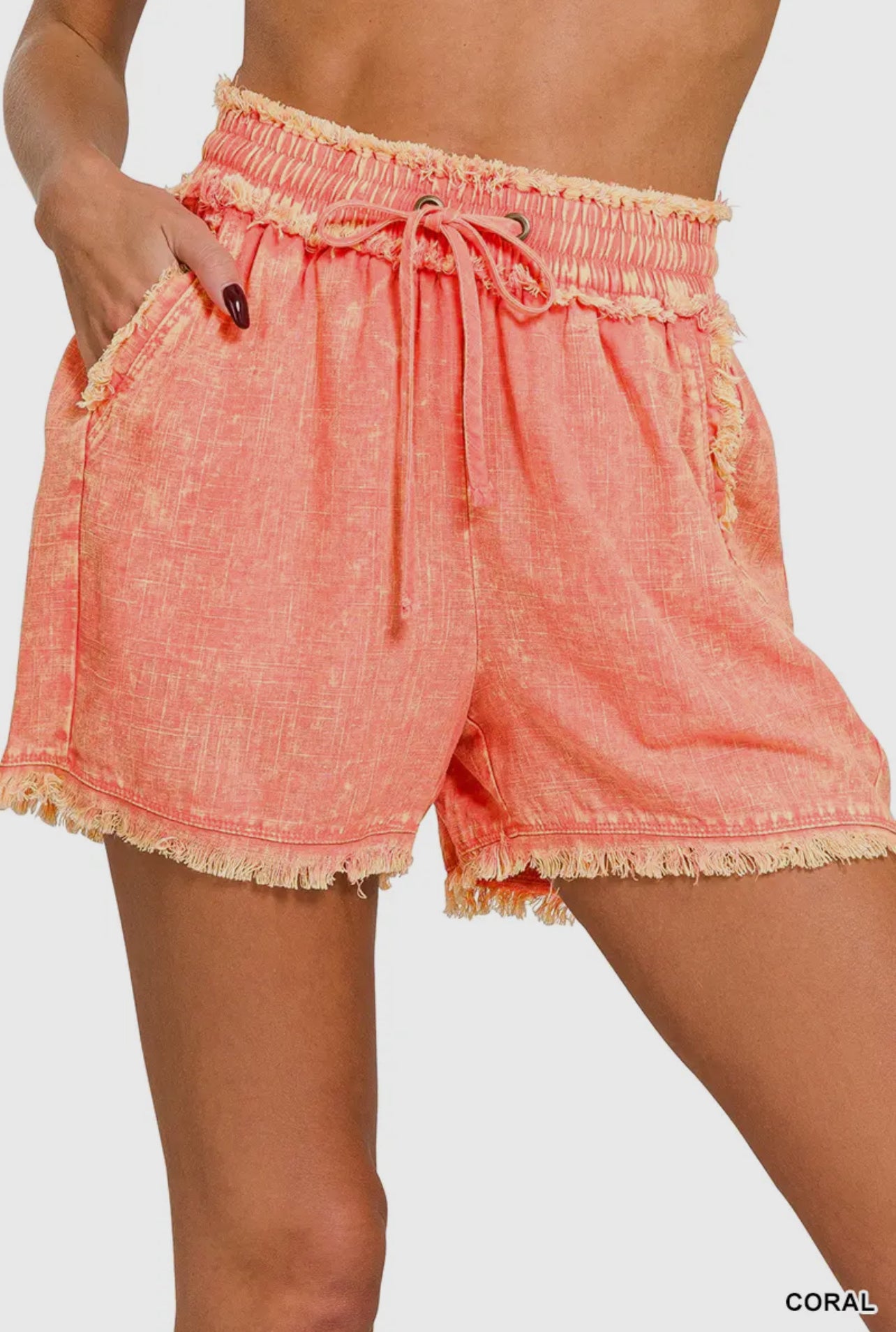 READY TO SHIP: MEDIUM - Washed Linen Frayed Hem Drawstring Shorts - Coral