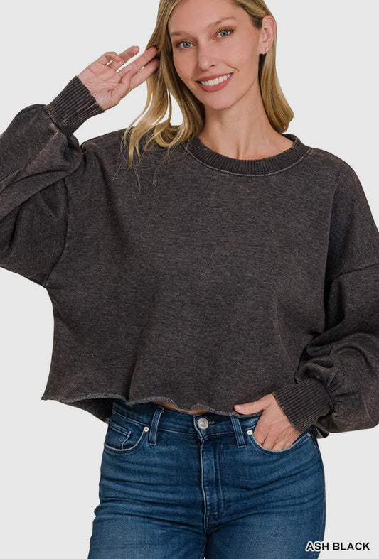 READY TO SHIP: SMALL & MEDIUM - Acid Wash Fleece Cropped Pullover