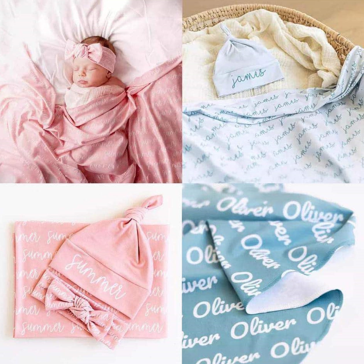 Personalized Baby Swaddle Blanket With Bow & Hat Set