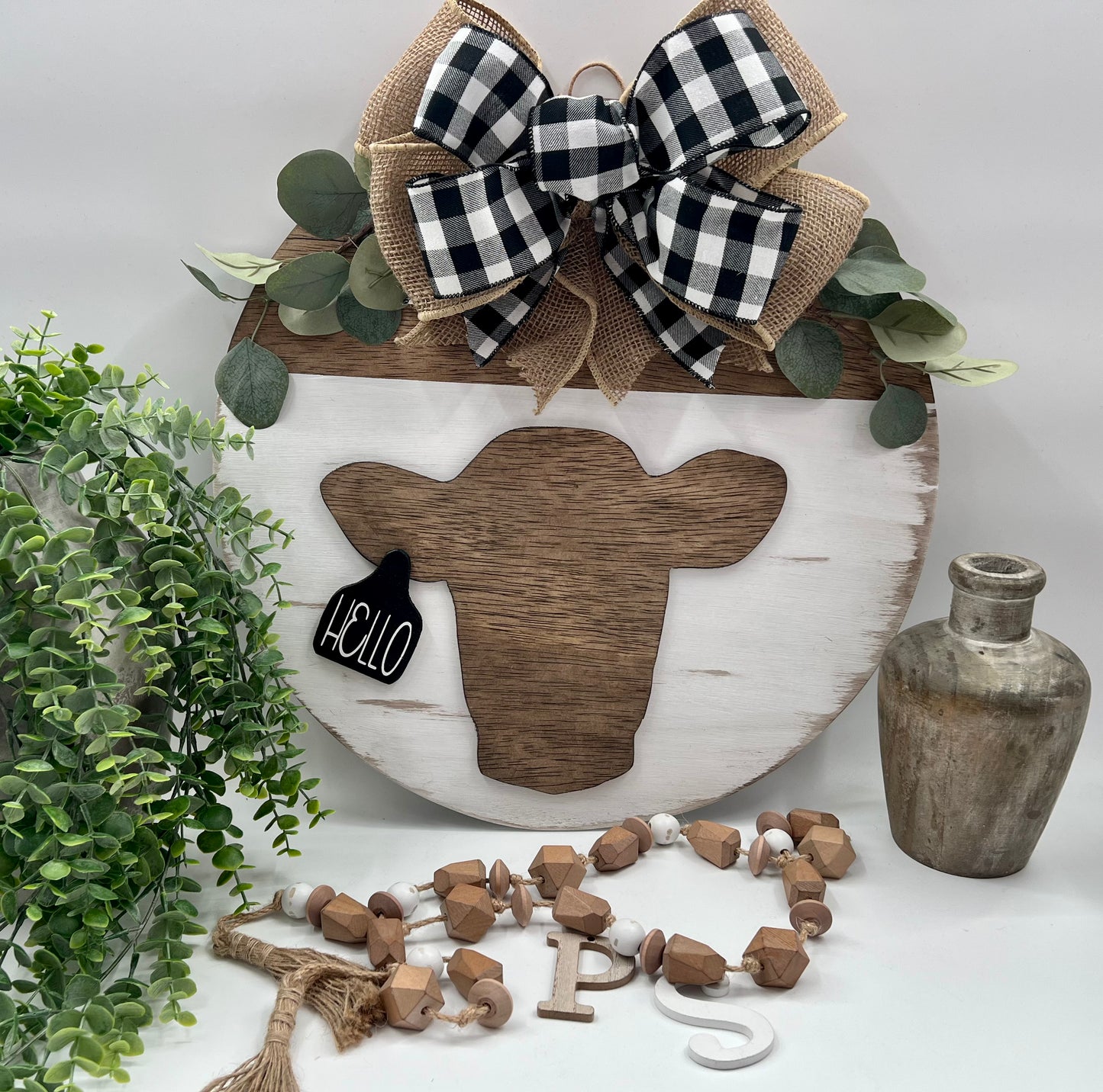 Cow Head (Stained) with Hello Tag - Buffalo Plaid - 18” Kona Door Hanger