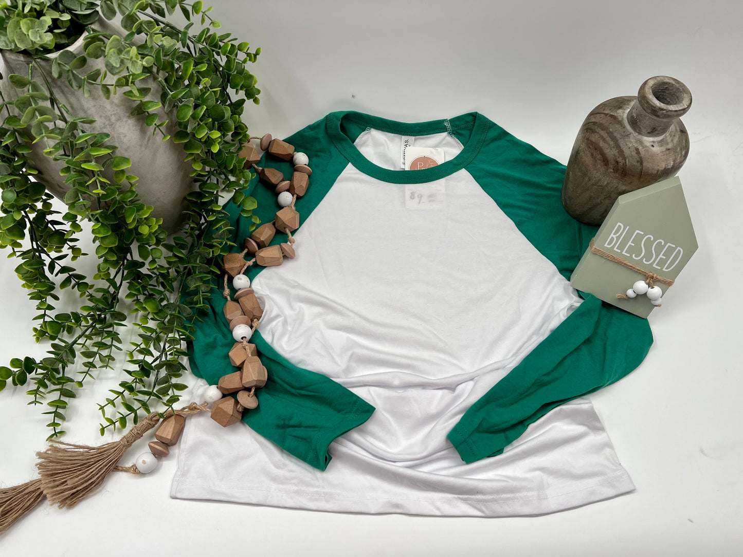 Small - Green 3/4 Sleeved Baseball Tee Bella Canvas