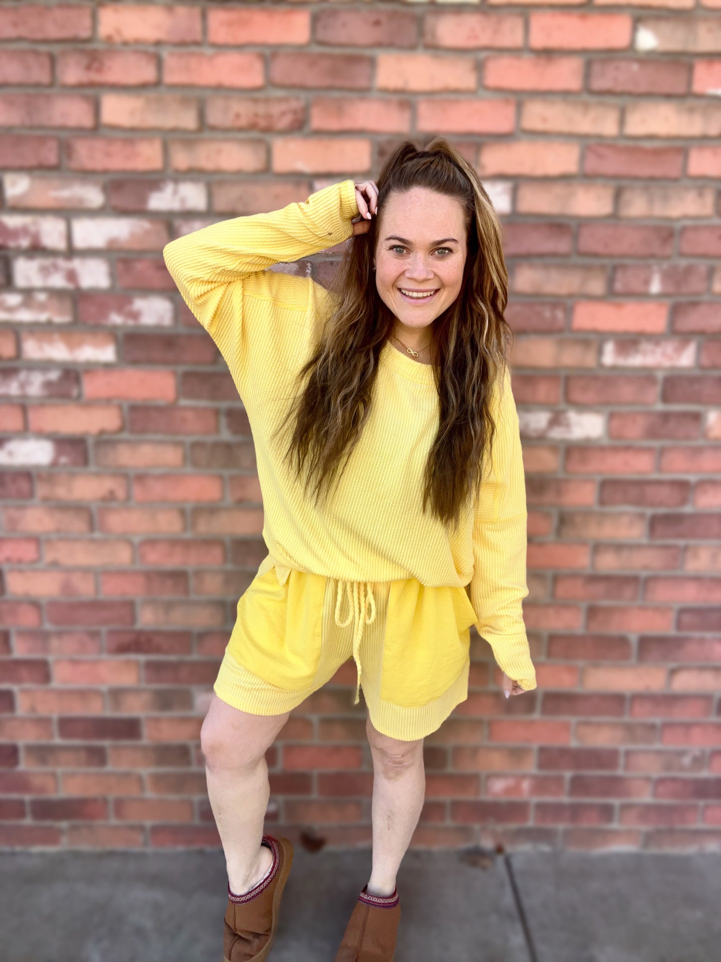 Kelsey’s Closet: 3XL - Two Piece Long Sleeve/Shorts Yellow Blakeley Set