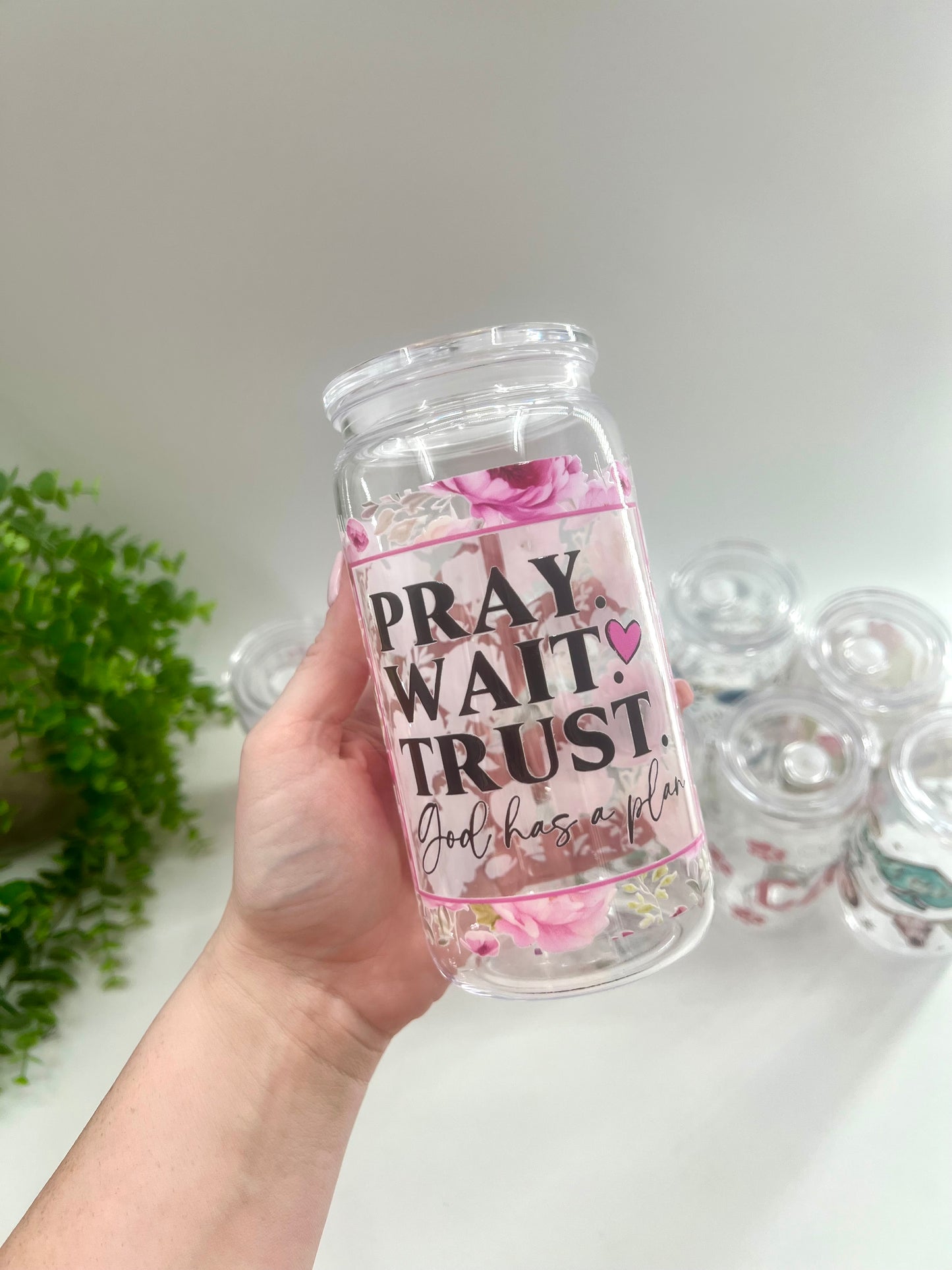 READY TO SHIP: Pray Wait Trust Pink 12 oz Plastic Cup **comes with straw