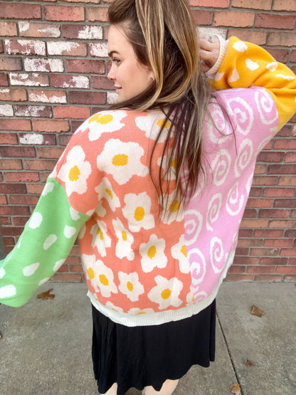 Orange Flower & Dotted Mixed Colorblock Cardigan | PREORDER 1/29
