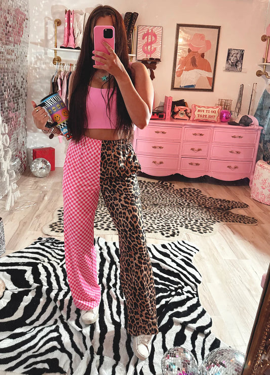 WILL BE READY TO SHIP IN MAY: MEDIUM & LARGE - Double Trouble Split Pattern Pants - Leopard and Pink Checked