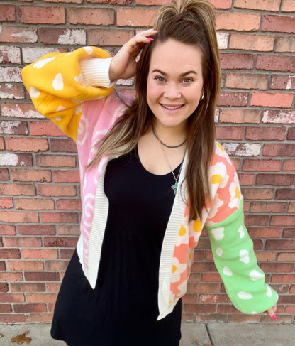 Orange Flower & Dotted Mixed Colorblock Cardigan | PREORDER 1/29
