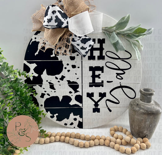 Hey Y’all Cowprint - 18” White Faux Pallet Door Hanger