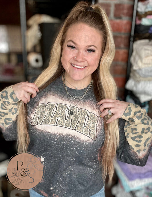 Mama Distressed Leopard - Bleached Dark Heather Sweatshirt With Printed Sleeve