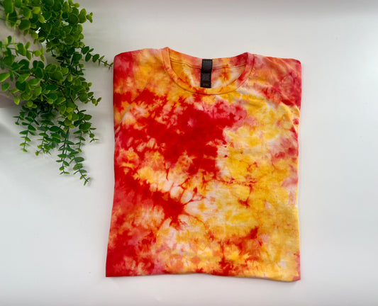 LARGE - Red/Gold Ice Dyed Tshirt - Gildan Softstyle