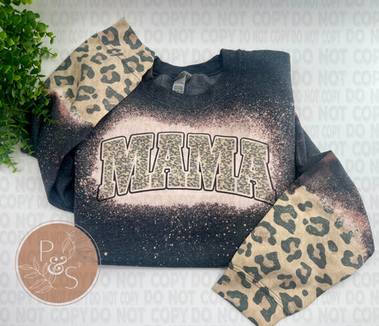 Mama Distressed Leopard - Bleached Dark Heather Sweatshirt With Printed Sleeve