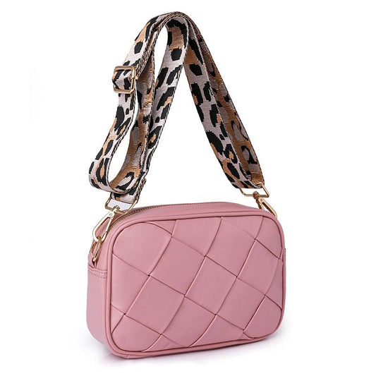 READY TO SHIP: Pink Weave Vegan Leather and Leopard Strap Sling
