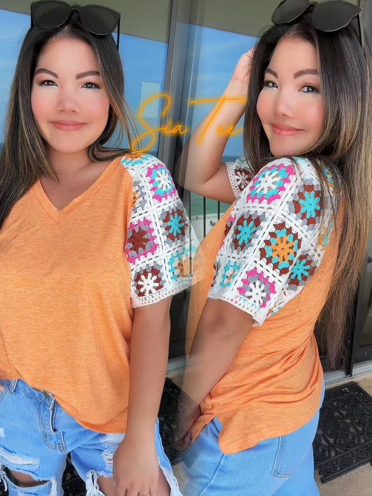 READY TO SHIP: Large Orange - Sia Summer Crochet Sleeve Buttery Soft V-Neck