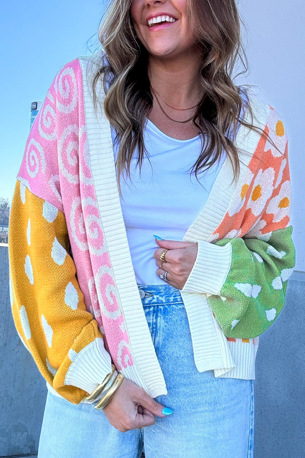 Orange Flower & Dotted Mixed Colorblock Cardigan | PREORDER 1/29