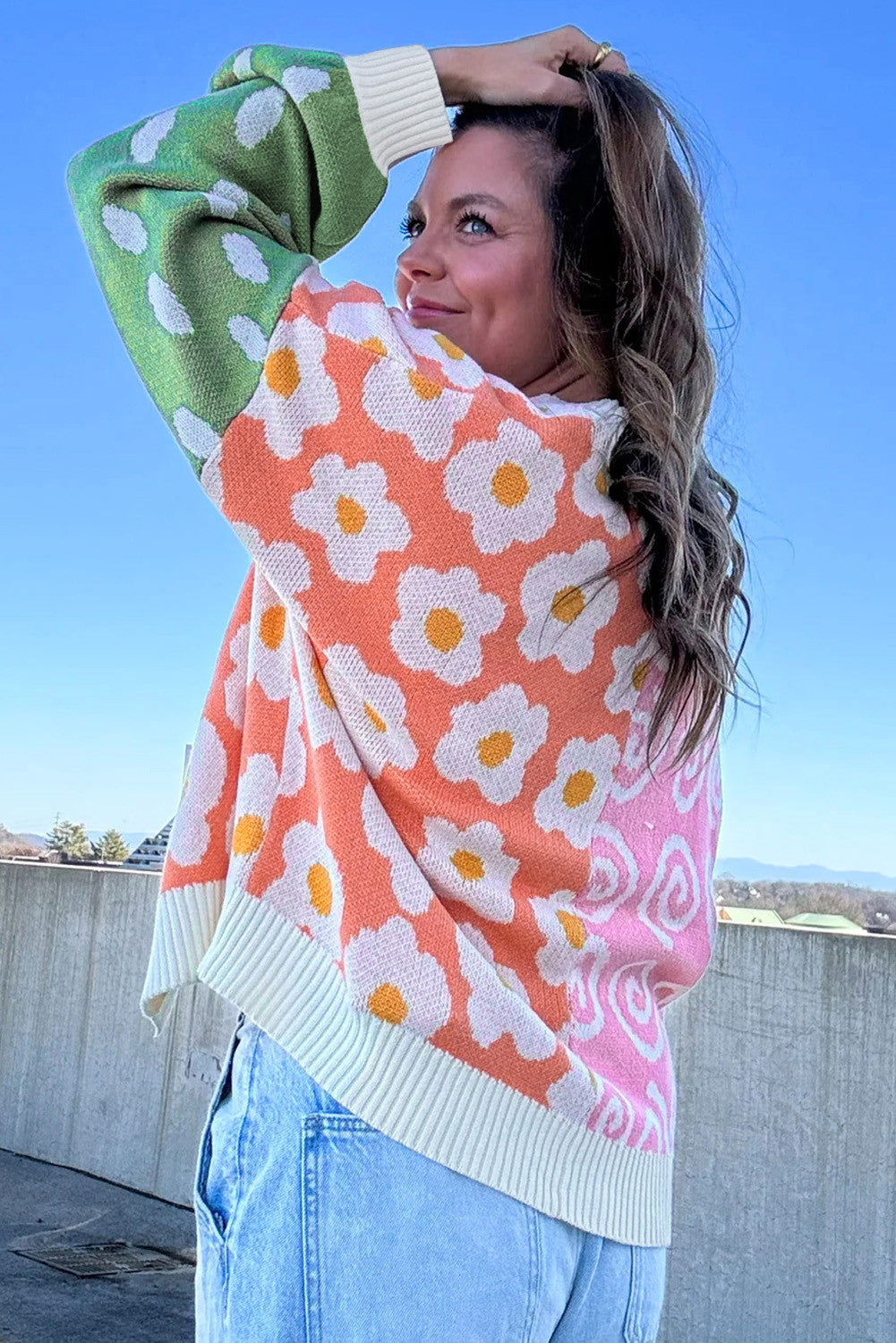 Orange Flower & Dotted Mixed Colorblock Cardigan | PREORDER 1/29