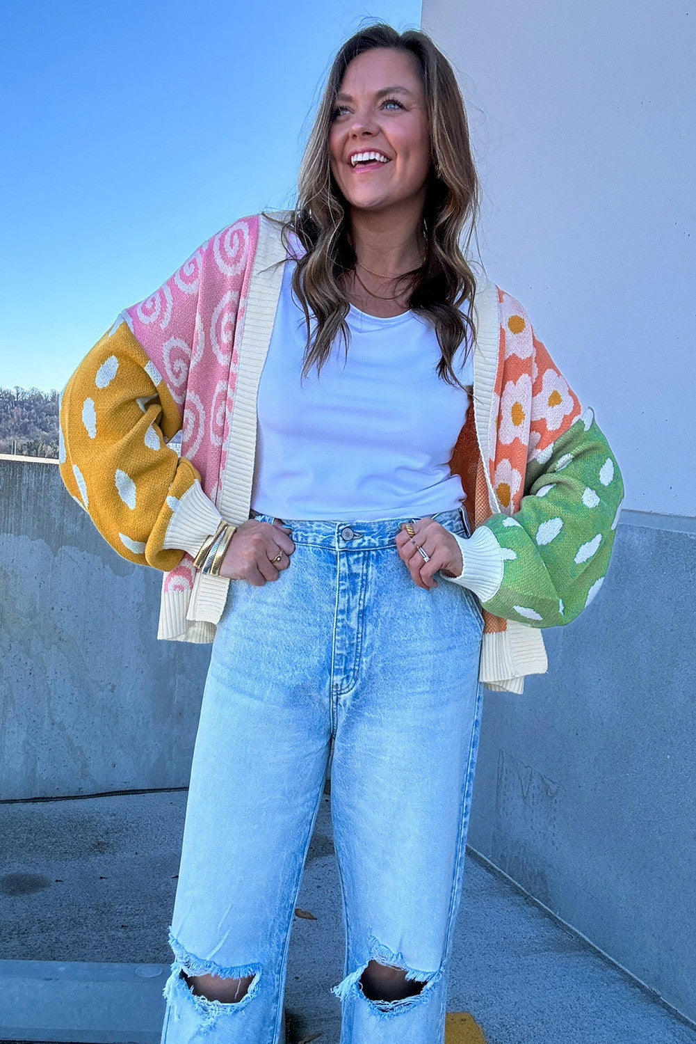 Orange Flower & Dotted Mixed Colorblock Cardigan | PREORDER 1/29