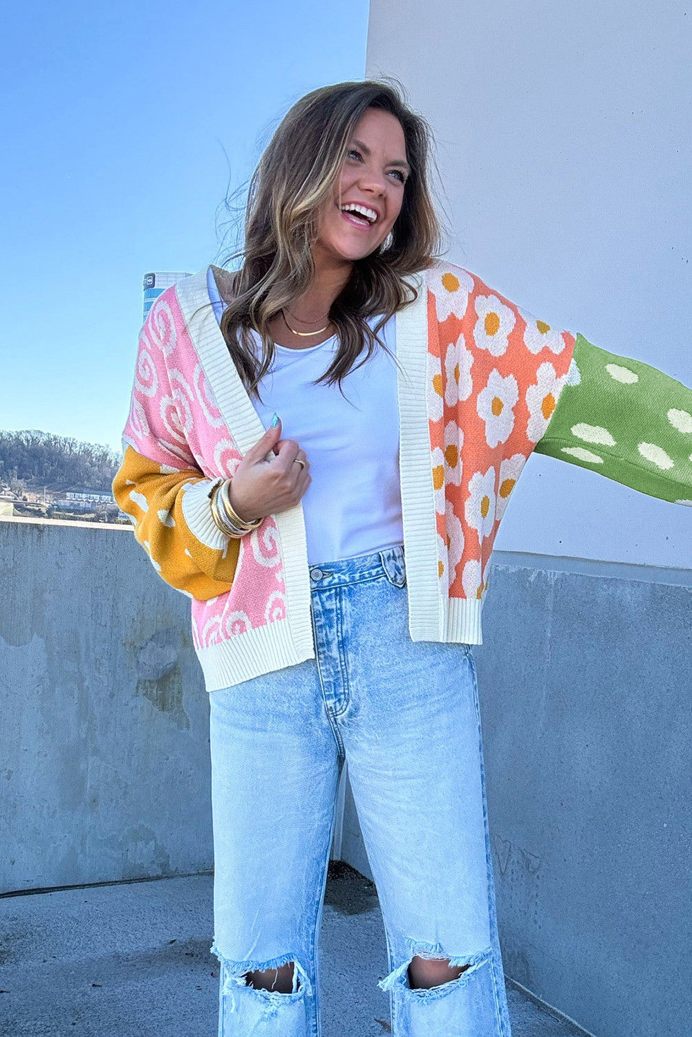 Orange Flower & Dotted Mixed Colorblock Cardigan | PREORDER 1/29