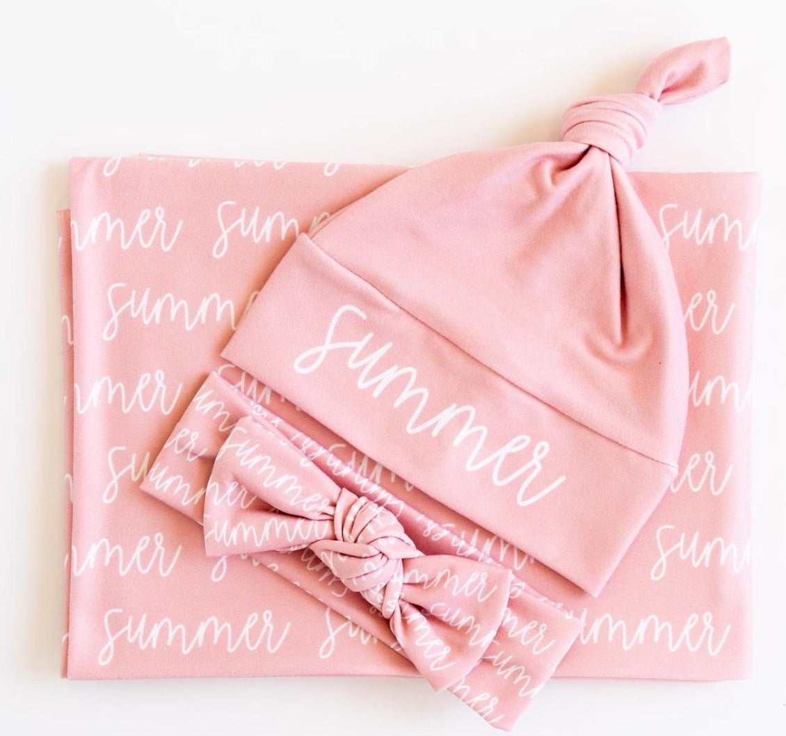 Personalized Baby Swaddle Blanket With Bow & Hat Set
