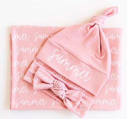 Personalized Baby Swaddle Blanket With Bow & Hat Set