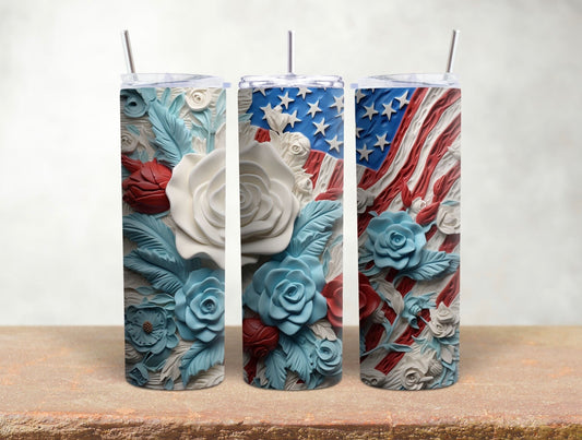 3D Floral American Flag - 20 oz Tumbler