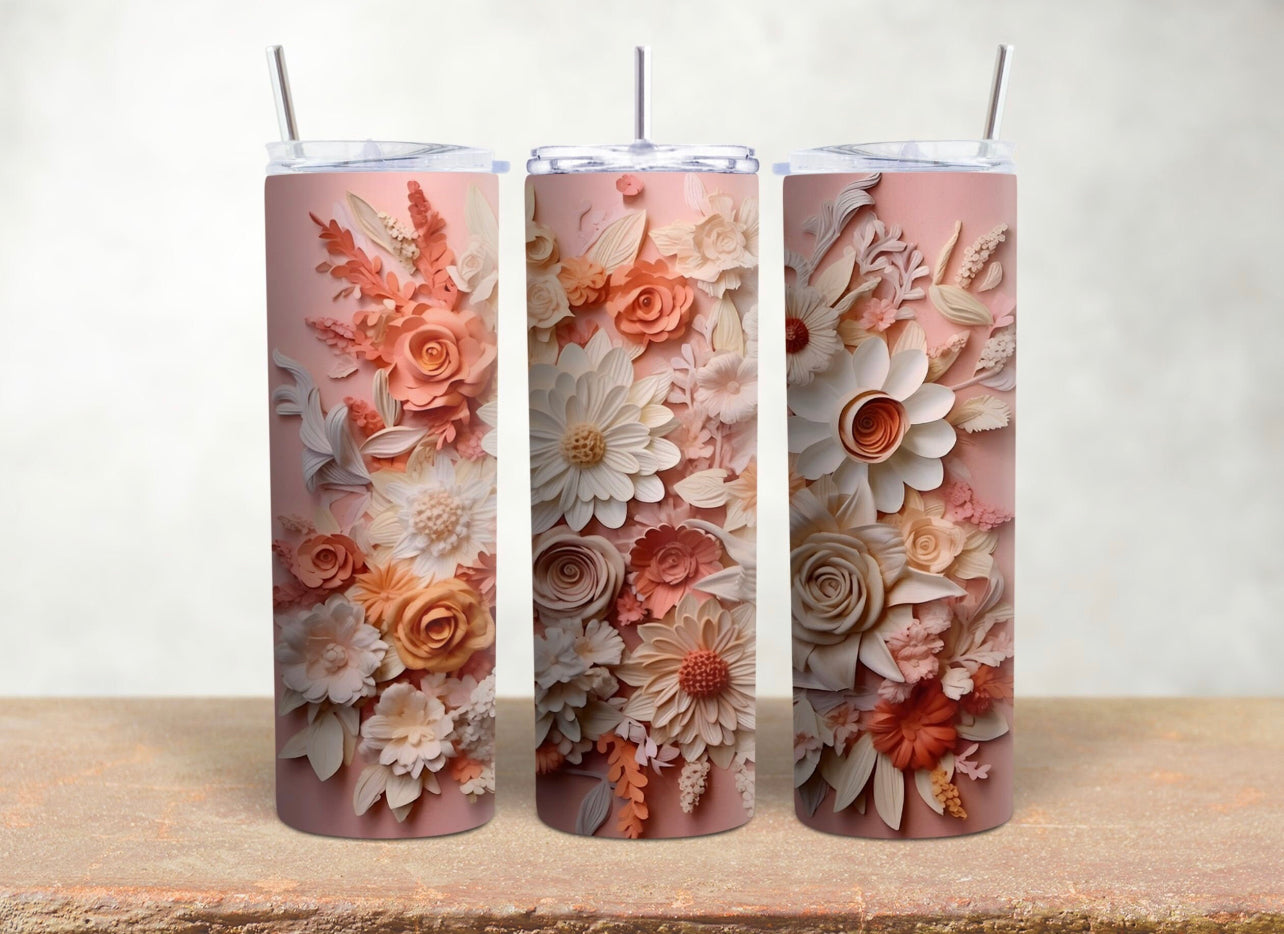 3D White Pink Flowers - 20 oz Tumbler