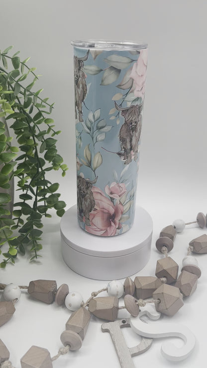 Mint Floral Highland Cow - 20 oz Tumbler