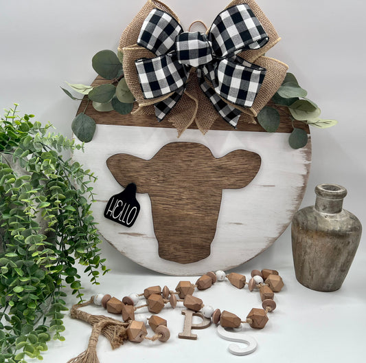 Cow Head (Stained) with Hello Tag - Buffalo Plaid - 18” Kona Door Hanger