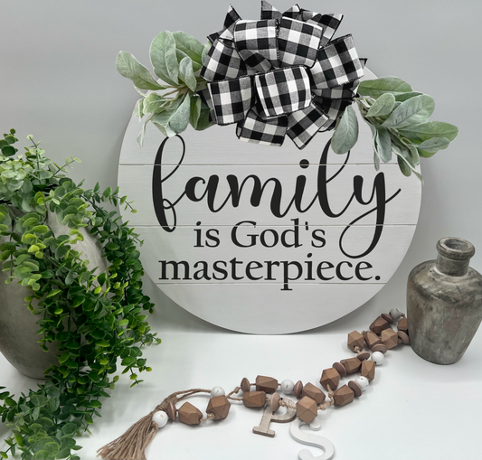 Family Is God’s Masterpiece - 18” Faux Pallet White Door Hanger