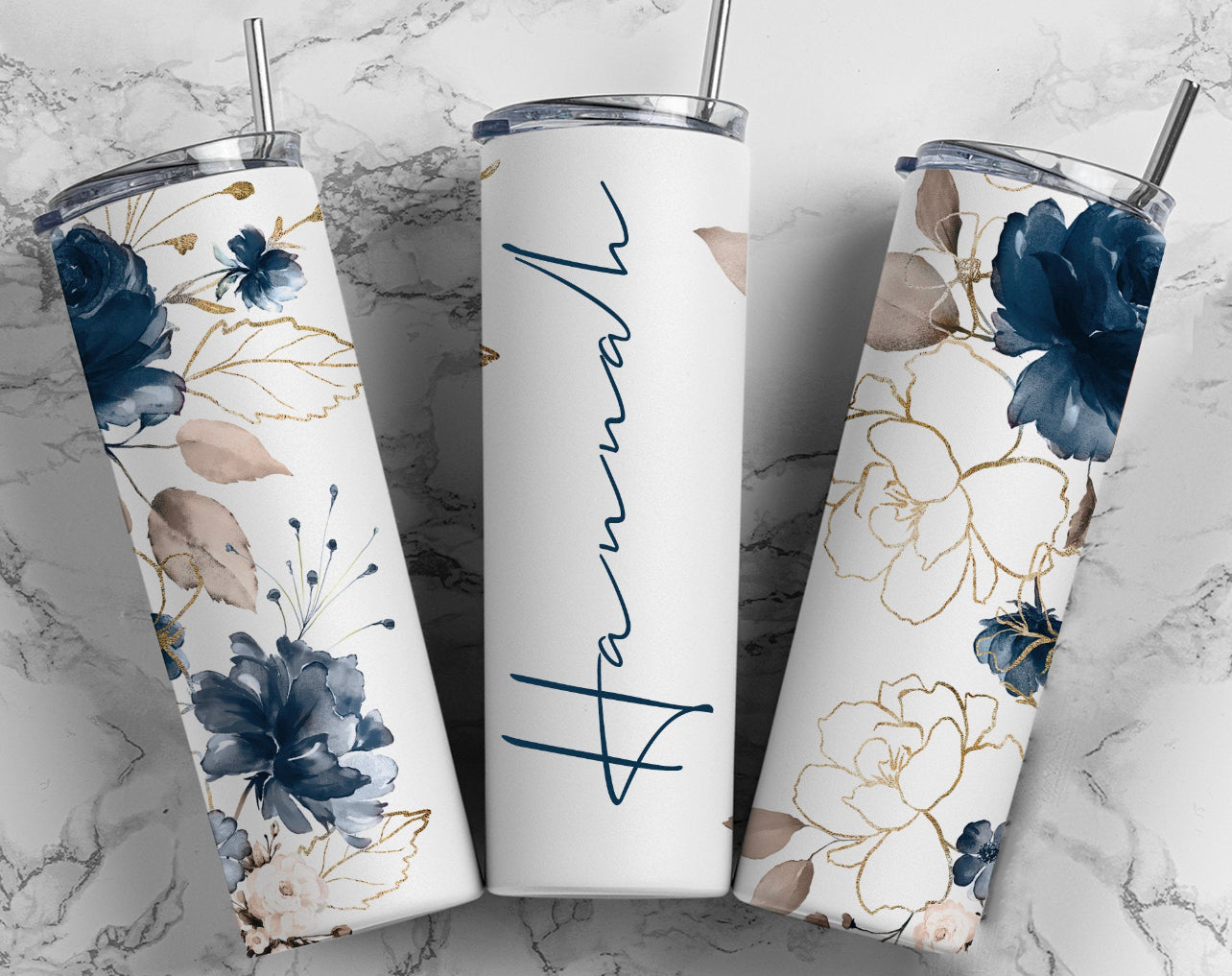 Navy and Rose Gold Floral with Name - 20 oz Tumbler