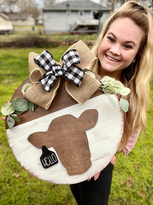 Cow Head (Stained) with Hello Tag - Buffalo Plaid - 18” Kona Door Hanger