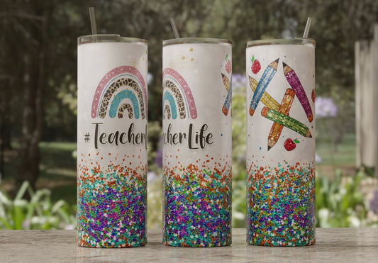 Teacher Life Glitter Rainbow Pencils - 20 oz Tumbler